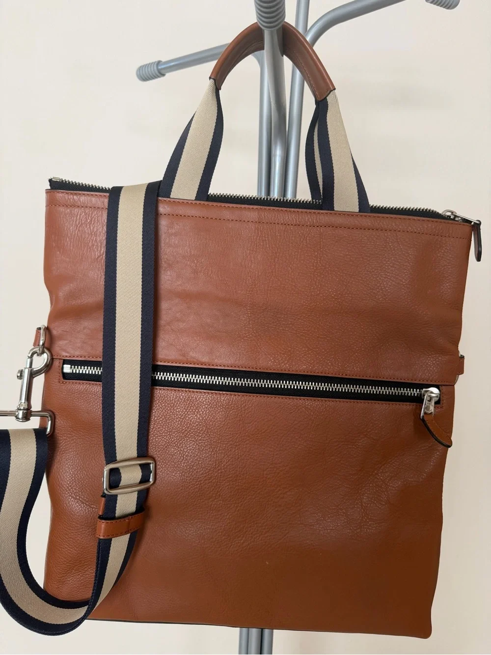 Coach Brown Leather Laptop Tote with Cream-and-Navy Strap